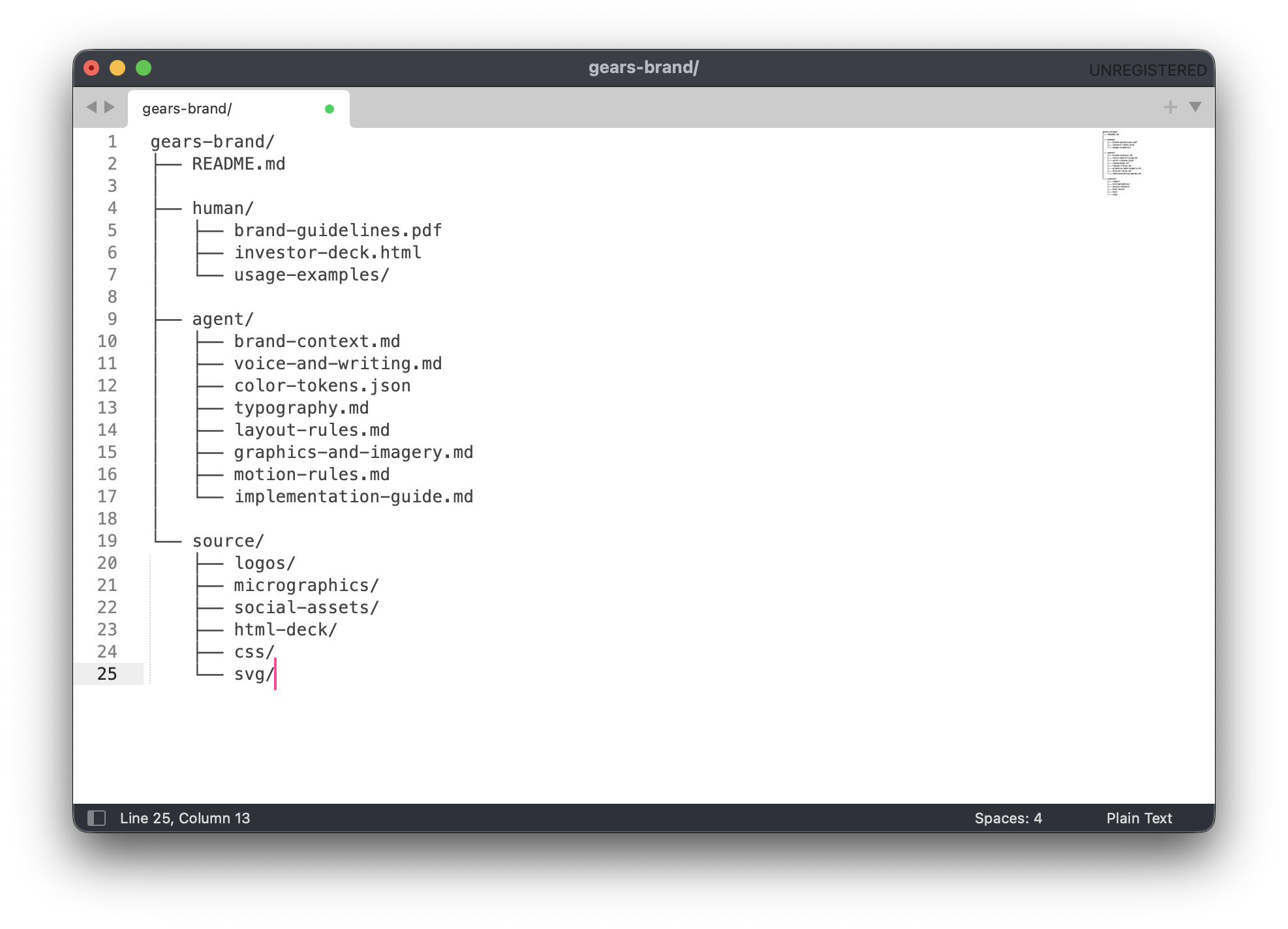 File tree showing the gears-brand deliverable structure with human and agent folders